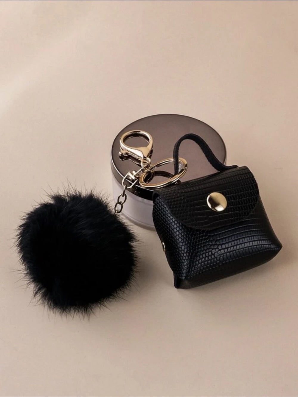 NWOT Black Faux Leather Mini Purse Keychain with Fur Pom